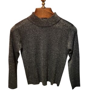 Joseph A Silk Metallic Ribbed Knit Mocknect Sweater Silver Gray Size Small